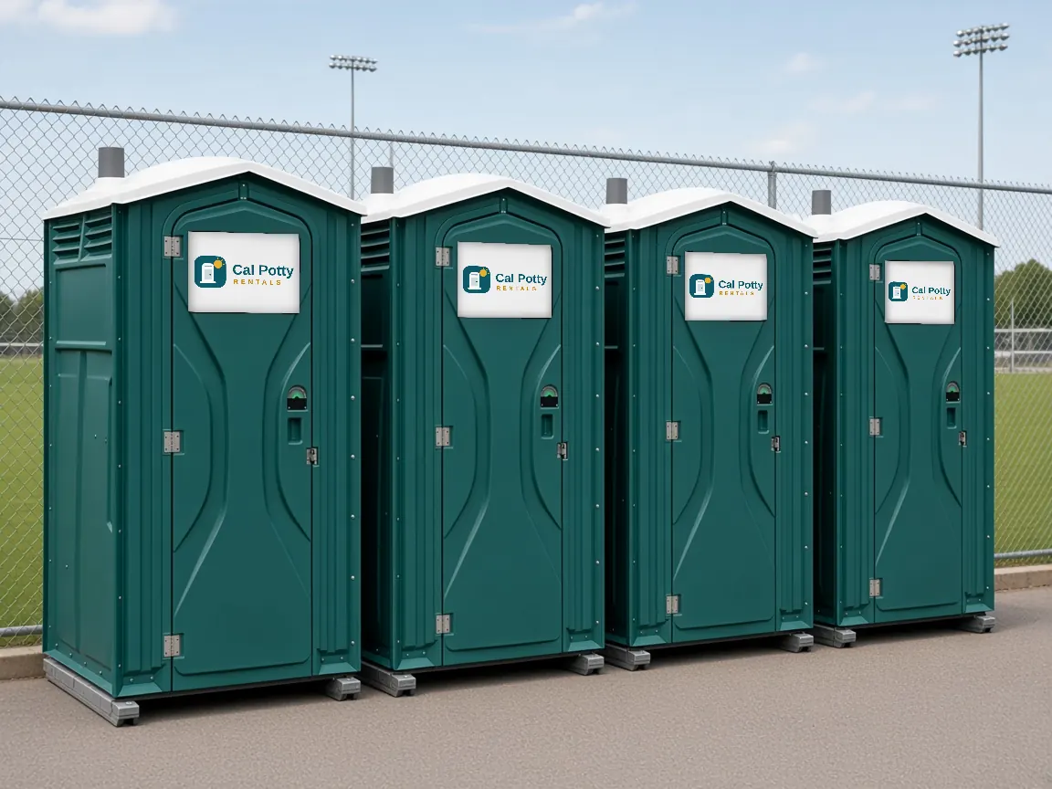 Four teal porta potties in a row beside a sports field fence, an example setup for porta potty rental in Santa Clara
