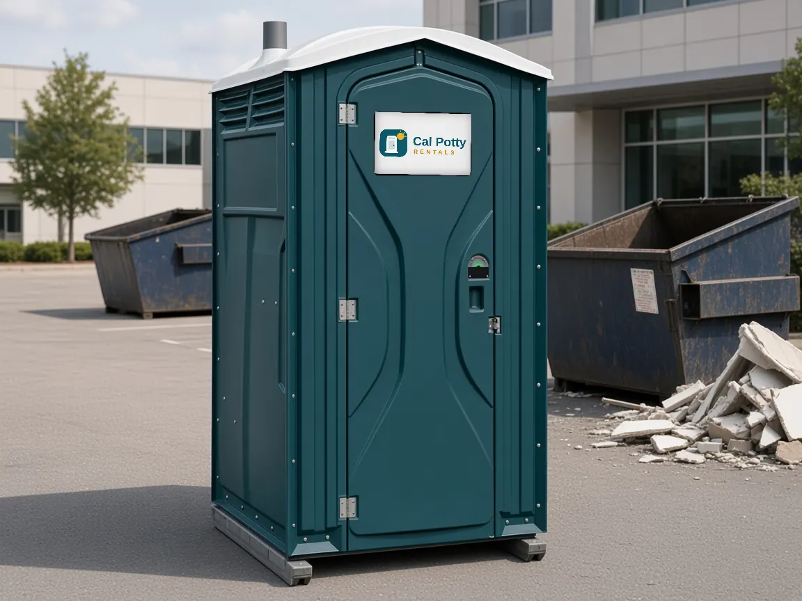 A teal porta potty beside a dumpster and broken concrete at a demolition site